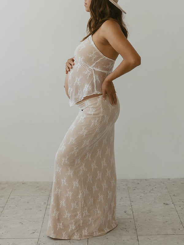 Stilla | 2 Stykker Den Elegante Mode Lace Volante Ferie Kugle Maxi Kjoler Fotografering Premaman