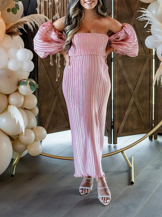 Stilla | Rosa Åben Skulder Uden Stropper Tynd Ærme Med Bobler Fest Maxi Kjoler Ceremoni Gravidkjoler