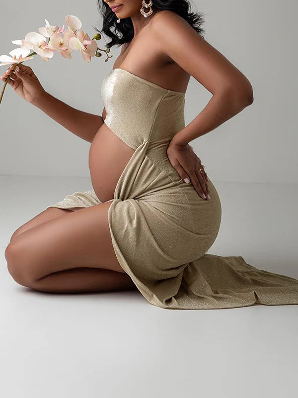 Stilla | Enkelt Farve Uden Stropper Uden Ærmer Side Slids Maxi Gravidkjoler