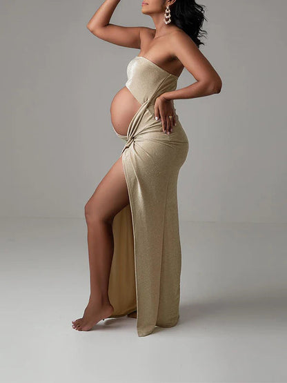 Stilla | Enkelt Farve Uden Stropper Uden Ærmer Side Slids Maxi Gravidkjoler