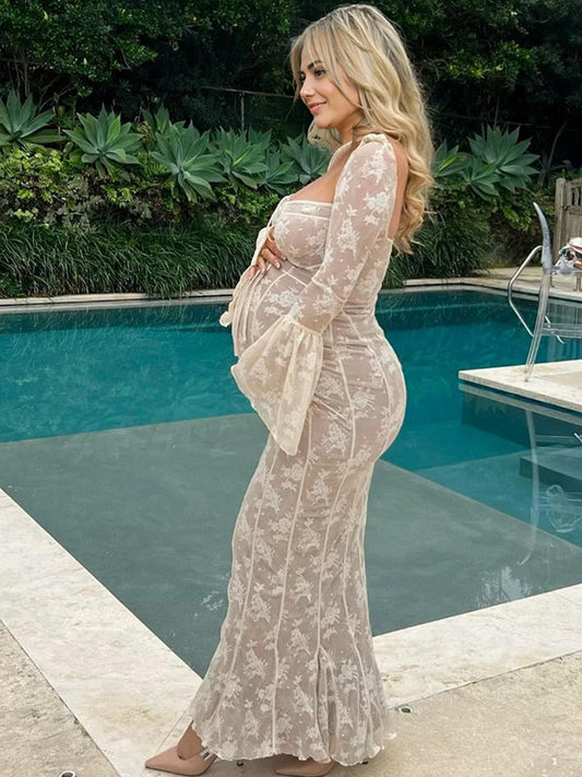 Stilla | Hvid Blonde Lang Graviditet Kjole Firkantet Krave Trompetærmer Elegante Slank Cocktail Maxi Graviditet Kjoler