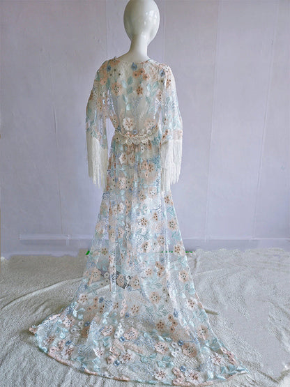 Stilla | Boemia Lace Patchwork Frynse Broderi Gennemsigtig V-hals Slæb Maxi Maternity Kjoler