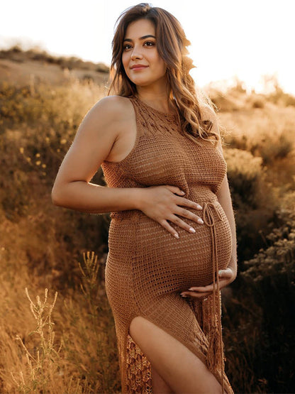 Stilla | Kaki Uden Ryg Snøring Tæppe Frynser Split Strand Maxi Kjoler Til Fotoshoots