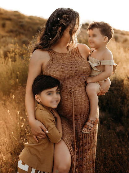 Stilla | Kaki Uden Ryg Snøring Tæppe Frynser Split Strand Maxi Kjoler Til Fotoshoots