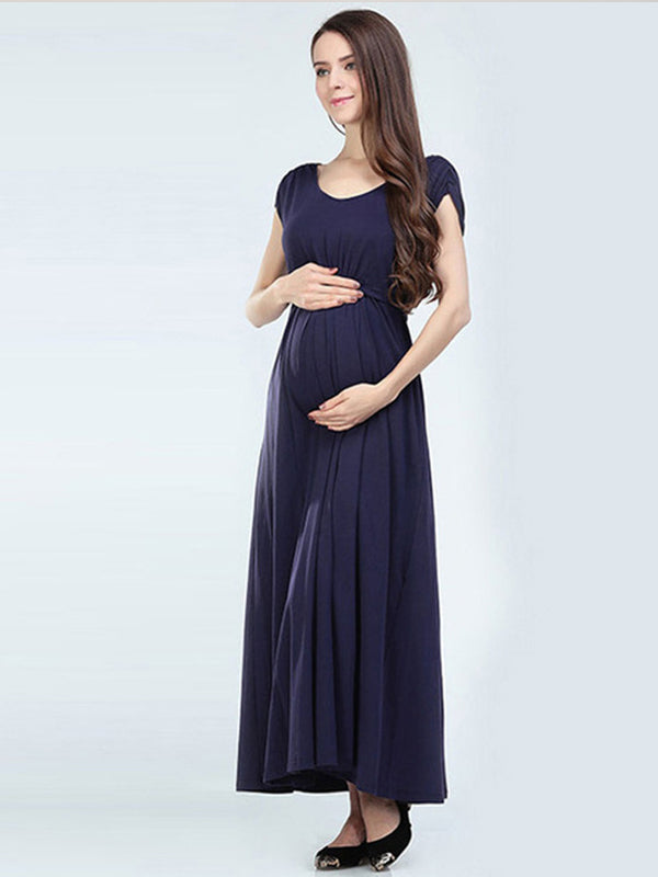 Stilla | Enkelt Farve Elastisk in Livet V-udsnit Elegante Amning Graviditet Maxi Maternity Kjoler