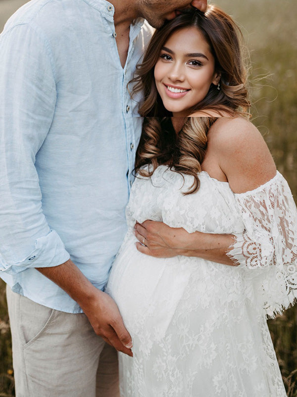 Stilla | Hvid Romantisk Blonde Broderi Skulder Uden Gulvlængde Maxi Kjoler Fotografering Gravid