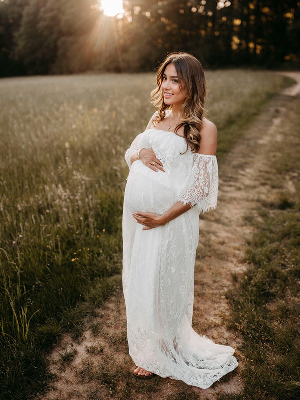 Stilla | Hvid Romantisk Blonde Broderi Skulder Uden Gulvlængde Maxi Kjoler Fotografering Gravid