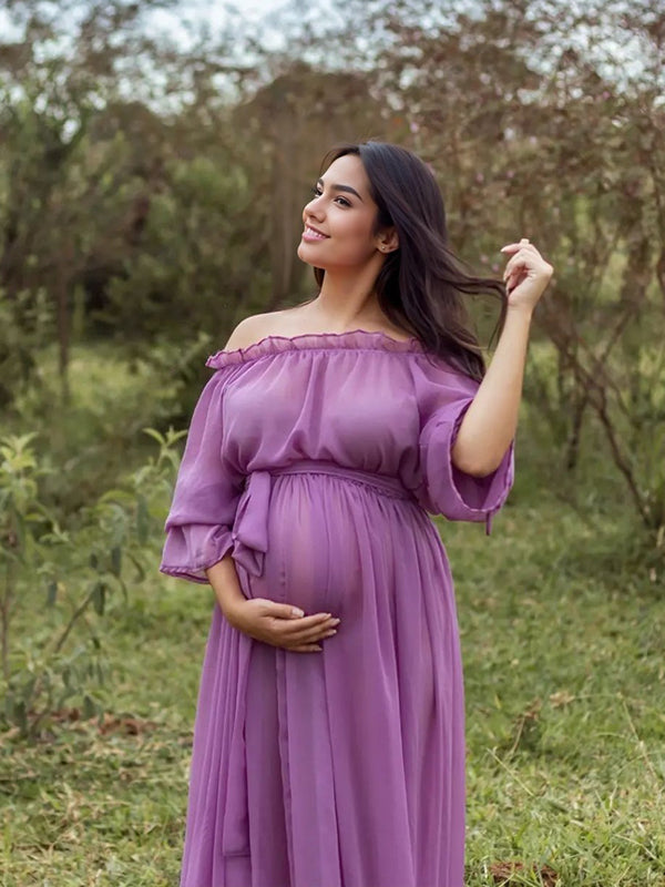 Stilla | Viola Chiffon Elegante Skuldre Uden Ryg Nederdel Strand Ferie Boheme Maxi Kjoler Fotografi Graviditetskjolet
