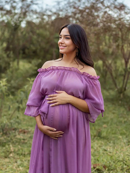 Stilla | Viola Chiffon Elegante Skuldre Uden Ryg Nederdel Strand Ferie Boheme Maxi Kjoler Fotografi Graviditetskjolet