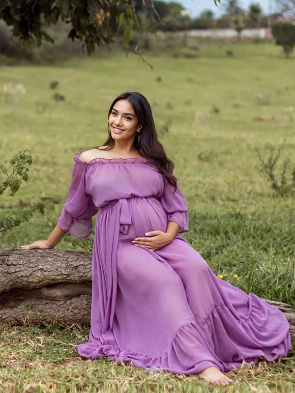 Stilla | Viola Chiffon Elegante Skuldre Uden Ryg Nederdel Strand Ferie Boheme Maxi Kjoler Fotografi Graviditetskjolet