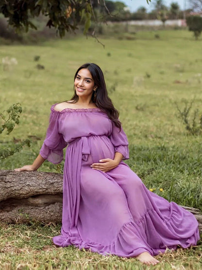Stilla | Viola Chiffon Elegante Skuldre Uden Ryg Nederdel Strand Ferie Boheme Maxi Kjoler Fotografi Graviditetskjolet