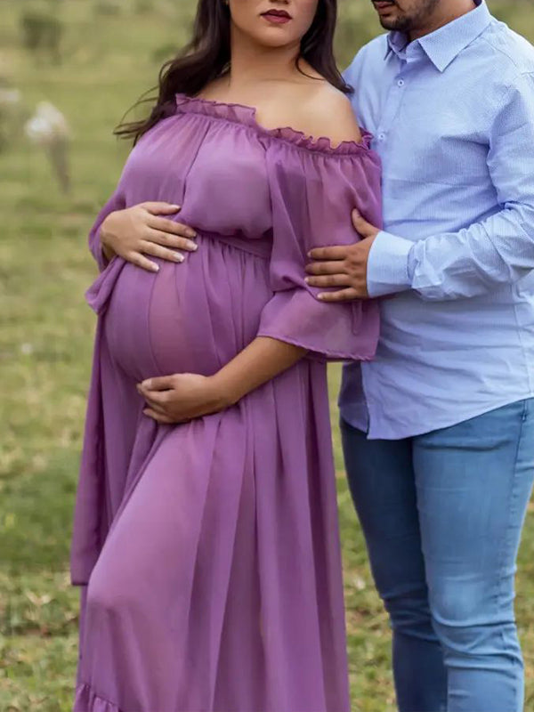 Stilla | Viola Chiffon Elegante Skuldre Uden Ryg Nederdel Strand Ferie Boheme Maxi Kjoler Fotografi Graviditetskjolet