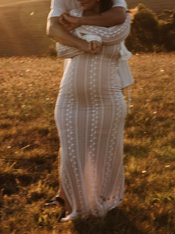 Stilla | Abrikos Dantel 2 Stykker Side Slids V-hals Underkjole Maxi Kjoler Elegante Fotografiske Premamma