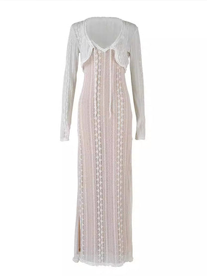 Stilla | Abrikos Dantel 2 Stykker Side Slids V-hals Underkjole Maxi Kjoler Elegante Fotografiske Premamma