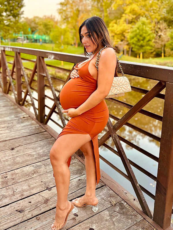 Stilla | Orange Tynd Side Slids Underkjole Uden Ryg Udendørs Fest Maxi Graviditetskjoler