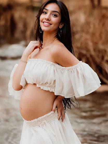 Stilla | Enkelt Farve 2 Stykker Bohemia Volanger Bare Skuldre Uden Ryg Side Slids Maxi Kjoler Fotoshoot Gravid