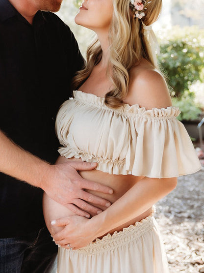 Stilla | Enkelt Farve 2 Stykker Bohemia Volanger Bare Skuldre Uden Ryg Side Slids Maxi Kjoler Fotoshoot Gravid