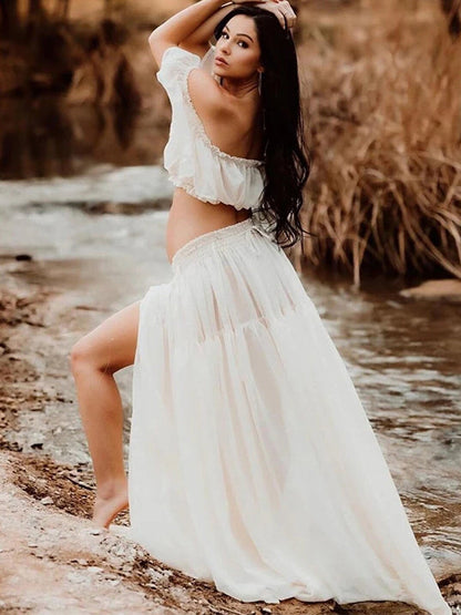 Stilla | Enkelt Farve 2 Stykker Bohemia Volanger Bare Skuldre Uden Ryg Side Slids Maxi Kjoler Fotoshoot Gravid