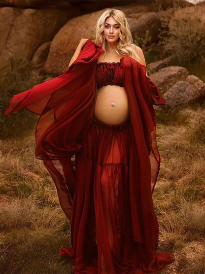 Stilla | Enkelt Farve 2 Stykker Bohemia Volanger Bare Skuldre Uden Ryg Side Slids Maxi Kjoler Fotoshoot Gravid