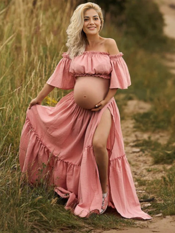 Stilla | Enkelt Farve Linned Bomuld 2 Stykker Bohemisk Off Shoulder Ingen Ryg Side Slids Maxi Kjoler Fotografisk Graviditet