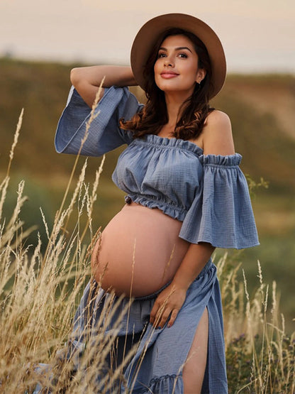 Stilla | Enkelt Farve Linned Bomuld 2 Stykker Bohemisk Off Shoulder Ingen Ryg Side Slids Maxi Kjoler Fotografisk Graviditet