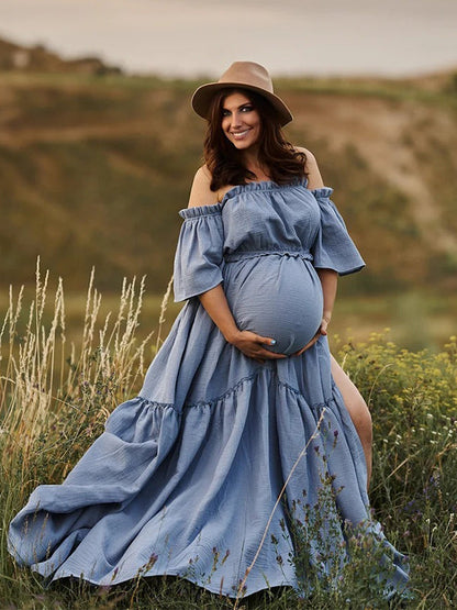 Stilla | Enkelt Farve Linned Bomuld 2 Stykker Bohemisk Off Shoulder Ingen Ryg Side Slids Maxi Kjoler Fotografisk Graviditet