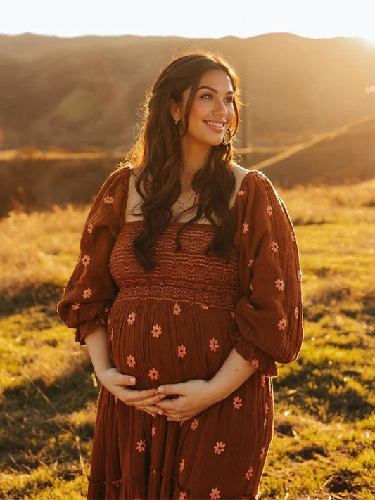Stilla | Blomstret Print Firkantet Krave Bubble Ærme Elegante Kjoler Til Fotografi Sessions