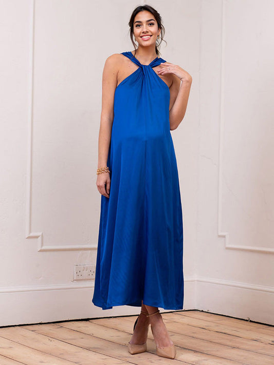 Stilla | Blu Navy Snøring in Halsen Offentlig Skuldre Cocktail Midi Festkjoler Gravid