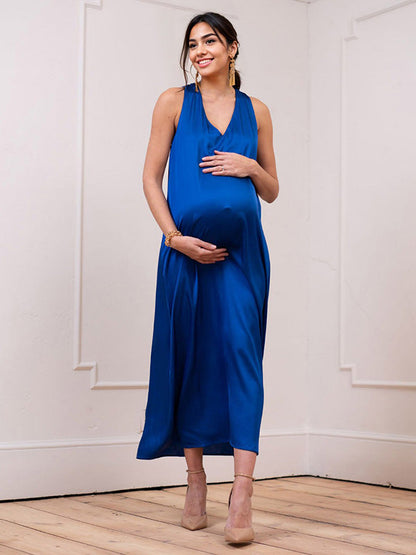 Stilla | Blu Navy Snøring in Halsen Offentlig Skuldre Cocktail Midi Festkjoler Gravid