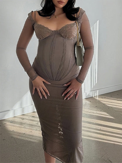 Stilla | Brun Knap Net Mode Tynd Fest Midi Maternity Kjoler