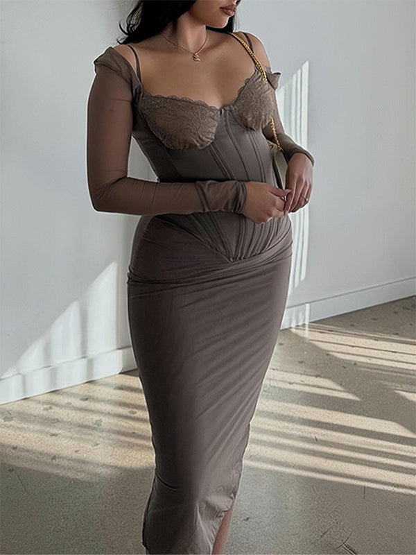 Stilla | Brun Knap Net Mode Tynd Fest Midi Maternity Kjoler