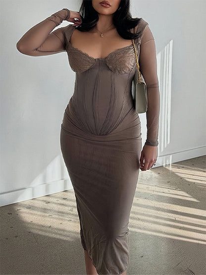 Stilla | Brun Knap Net Mode Tynd Fest Midi Maternity Kjoler