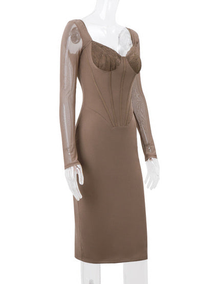 Stilla | Brun Knap Net Mode Tynd Fest Midi Maternity Kjoler