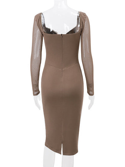 Stilla | Brun Knap Net Mode Tynd Fest Midi Maternity Kjoler