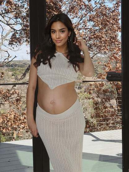 Stilla | Beige 2 Stykker Halsbinding Mode Tynd Strand Ferie Maxi Kjoler Premaman