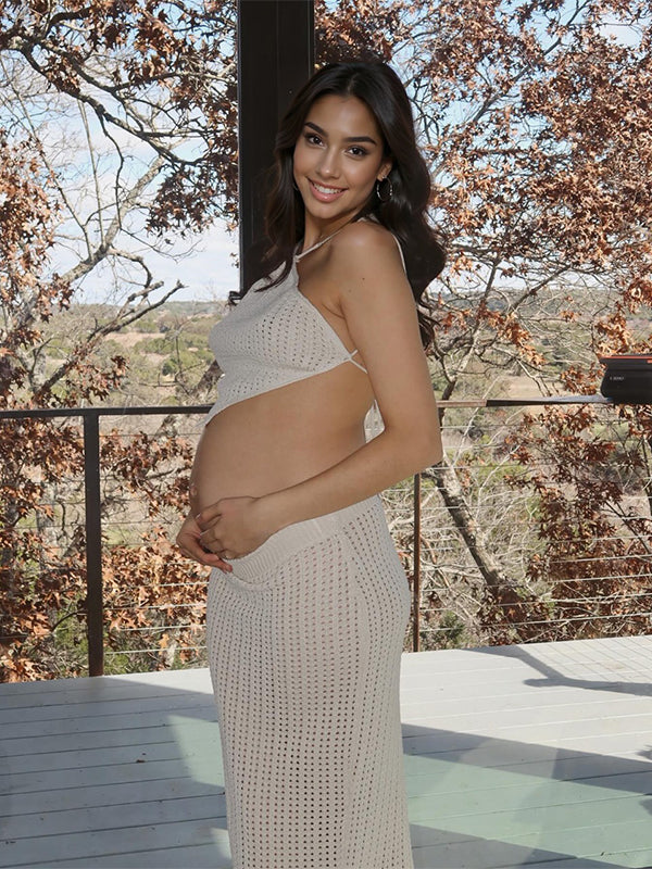 Stilla | Beige 2 Stykker Halsbinding Mode Tynd Strand Ferie Maxi Kjoler Premaman