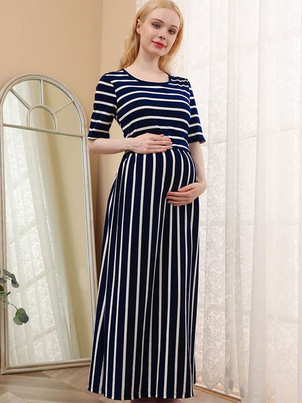 Stilla | Blu Navy a Striber Kortærmet Hverdag Casual Amning Maternity Premaman Kjoler
