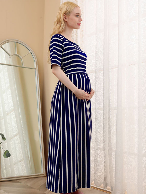 Stilla | Blu Navy a Striber Kortærmet Hverdag Casual Amning Maternity Premaman Kjoler