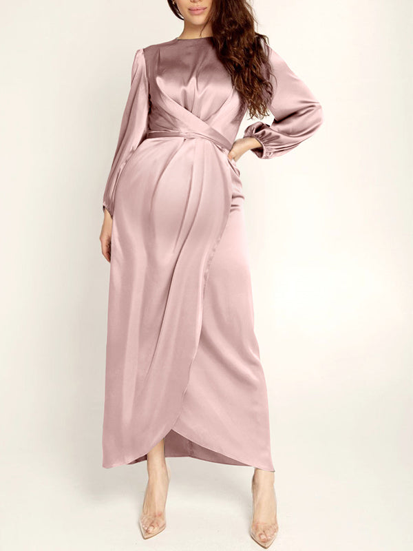 Stilla | Lange Kjole in Satin Med Sidelæg Med Elegante Bælte Basic Til Hverdagsbrug Til Graviditet