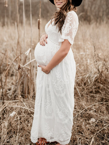 Stilla | Kjoler Til Gravide Fotografi Tjeneste Kjoler Blonde V-hals Maxi Maternity Kjole Elegante Kjole