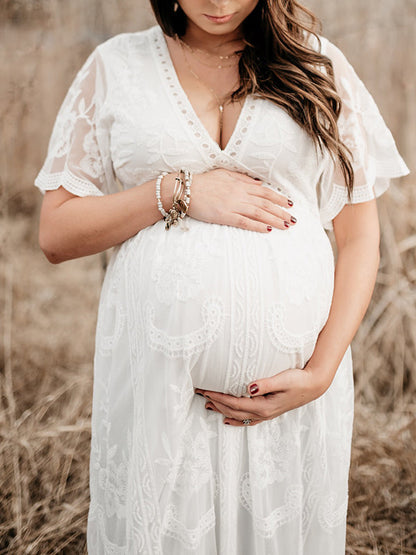 Stilla | Kjoler Til Gravide Fotografi Tjeneste Kjoler Blonde V-hals Maxi Maternity Kjole Elegante Kjole