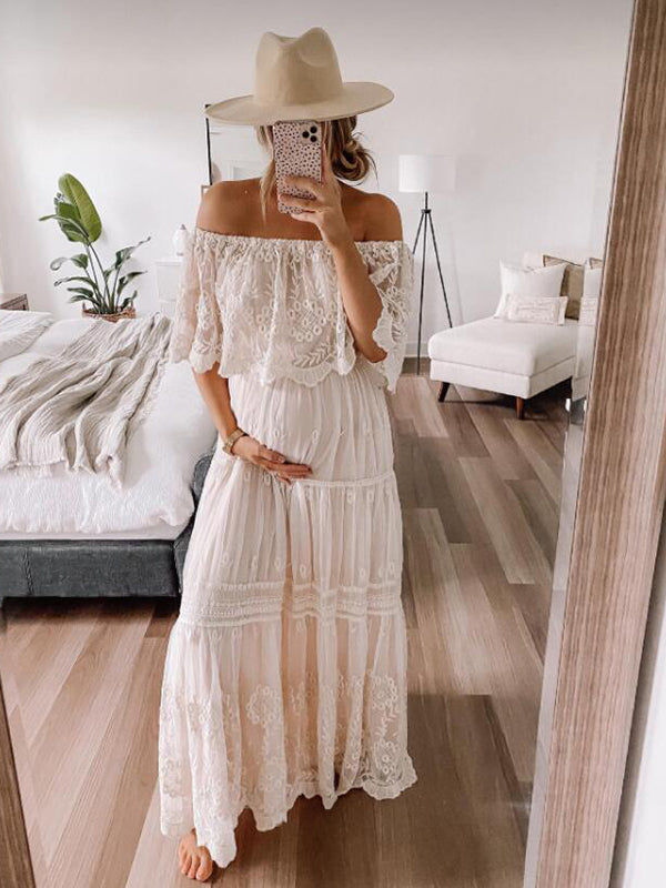 Stilla | Graviditets-chaps, Maxi-kjoler Til Fotoshoots, Spids, Volanger, Broderi, Off-shoulder, Bohemian-stil