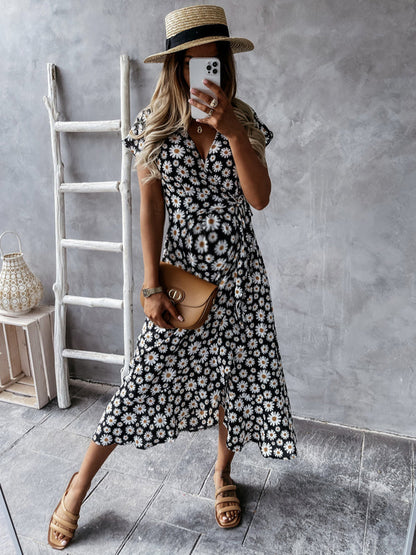 Stilla | Maxi Kjoler Til Gravide Med Korte Ærmer, V-hals Og Blomsterbånd