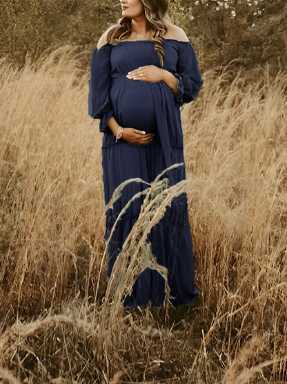 Stilla | Blu Mørk Boheme Flæser Bælte Skulder Blottet Maxi Kjoler Fotografering Gravid
