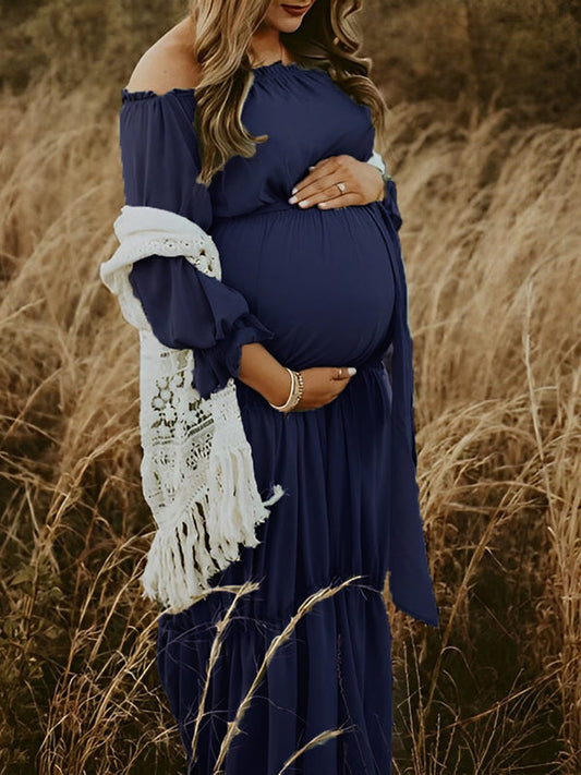 Stilla | Blu Mørk Boheme Flæser Bælte Skulder Blottet Maxi Kjoler Fotografering Gravid