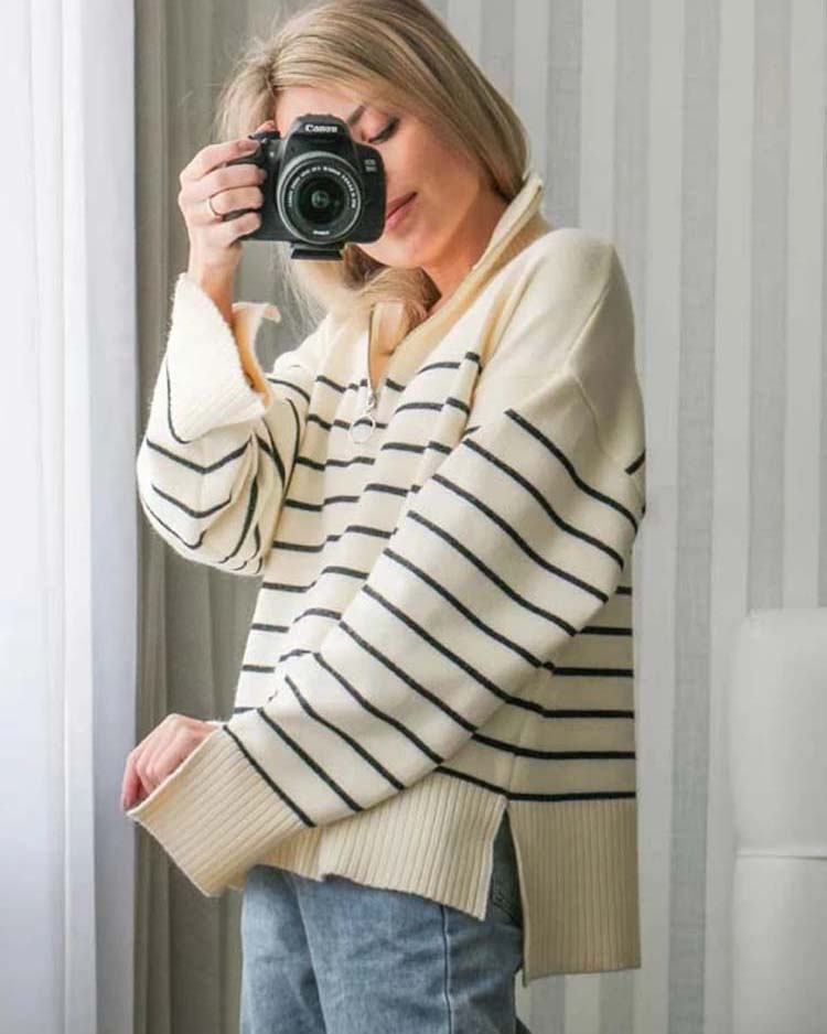 Stilla | Bluse Ivy i Stribet Netlook Med Lynlås Uddybning