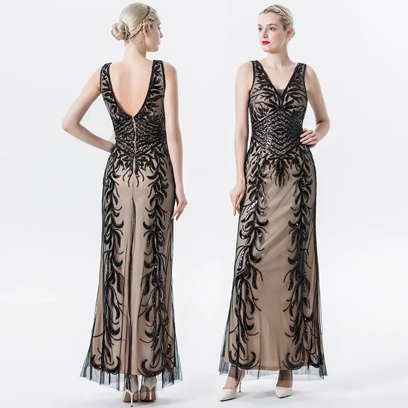 Stilla | Pailletter Ærmeløs Dyb V-Hals Retro Gatsby Kjole