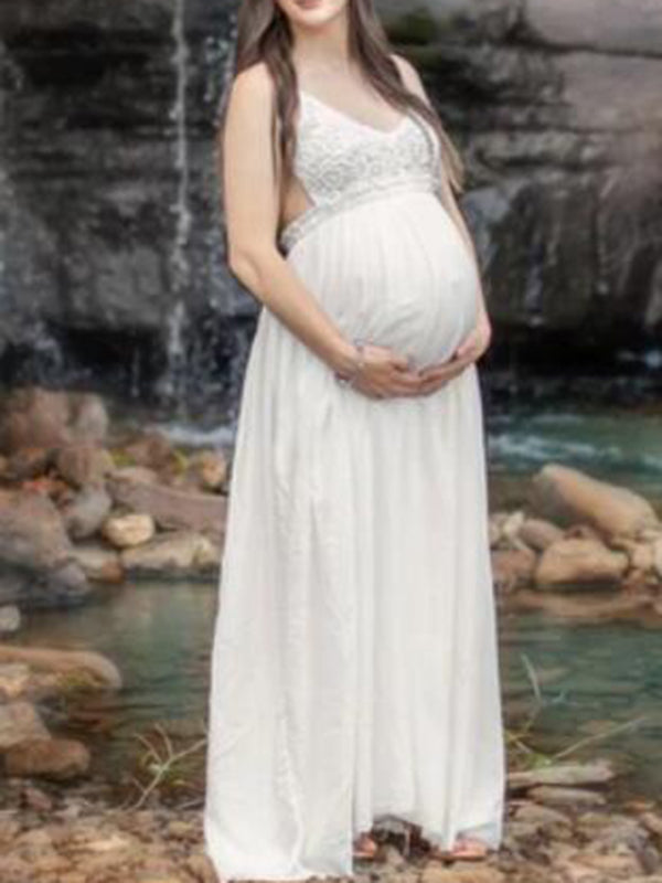 Stilla | Patchwork Underkjole Dyb V-udskæring Bohemia Kjoler in Blonde Gravid