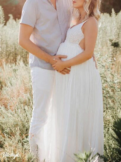 Stilla | Patchwork Underkjole Dyb V-udskæring Bohemia Kjoler in Blonde Gravid