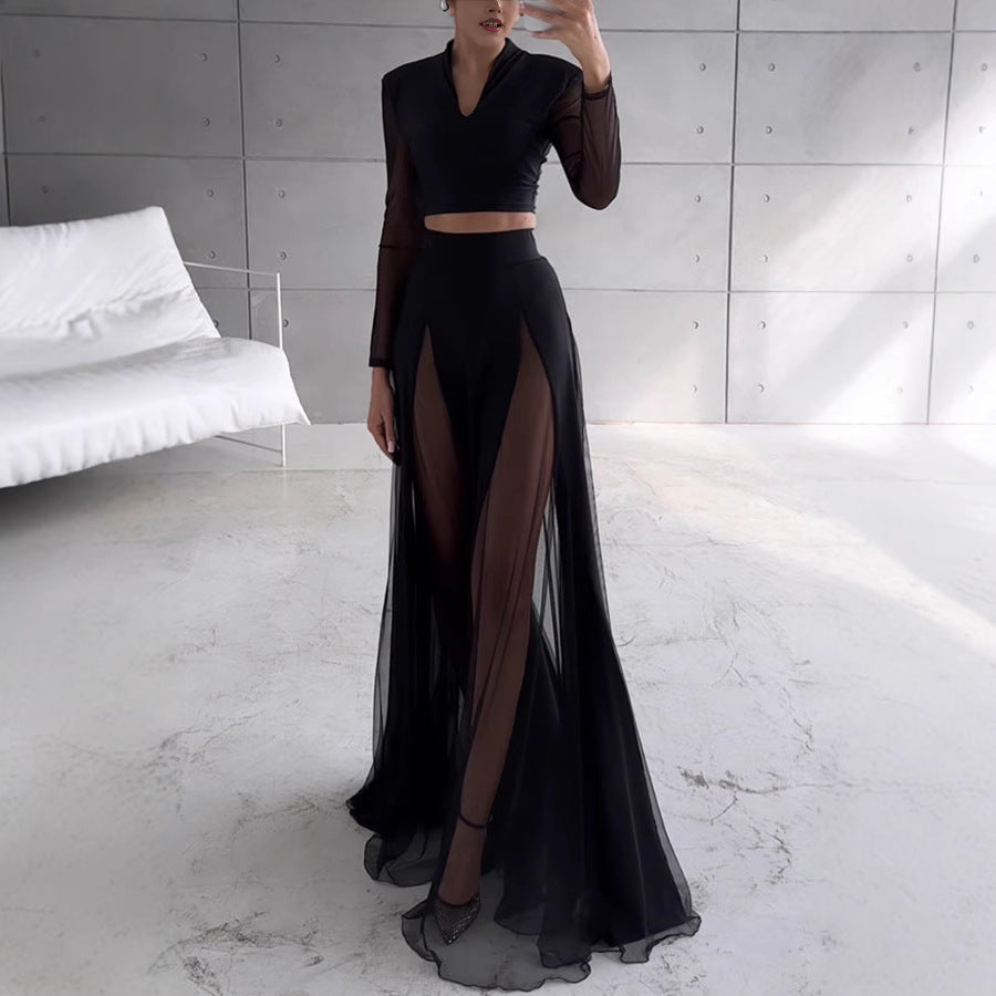 Dame cropped top med transparente lange ærmer og elegant V-udskæring Stiila